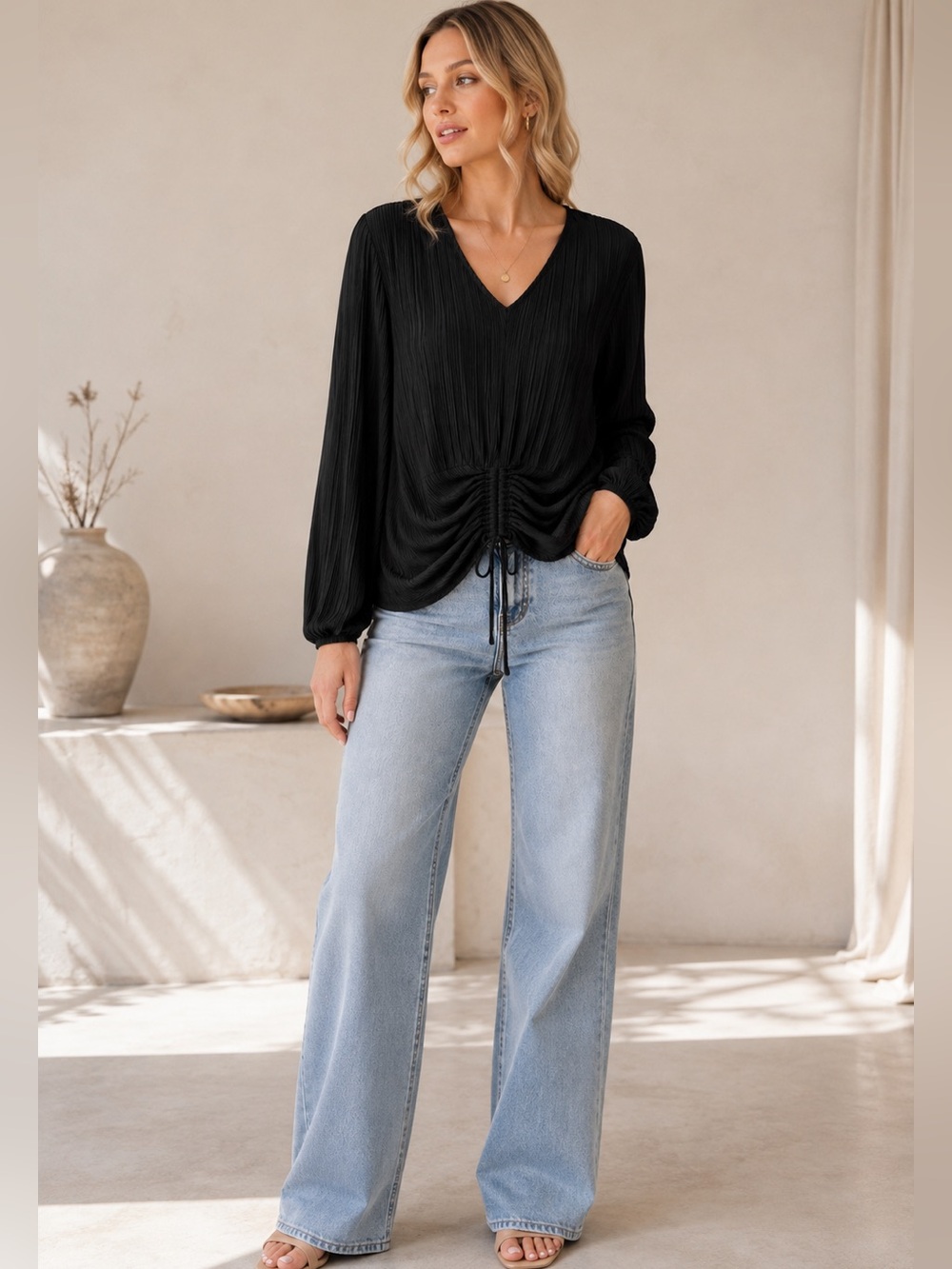 Absolutely Famous Black Pleated Blouse Ruched Drawstring Front Long Sleeve M